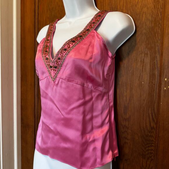 Vintage Y2K Vibrant Pink Silk Beaded Tank Medium Butterfly Paris Babydoll - Picture 4 of 9